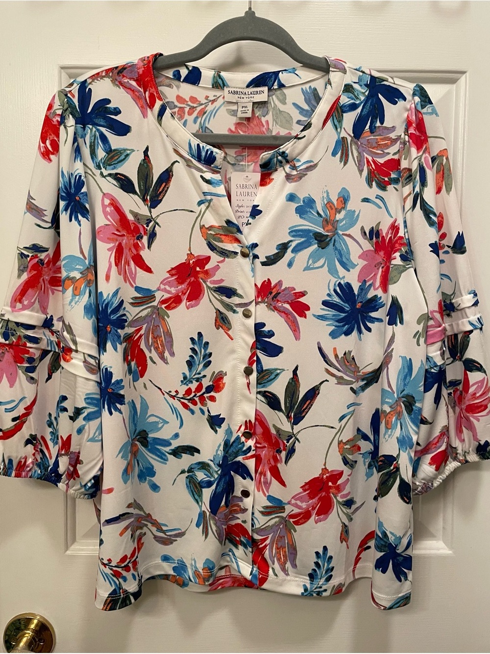 Sabrina Lauren White Floral Button-Front Blouse XL Petite